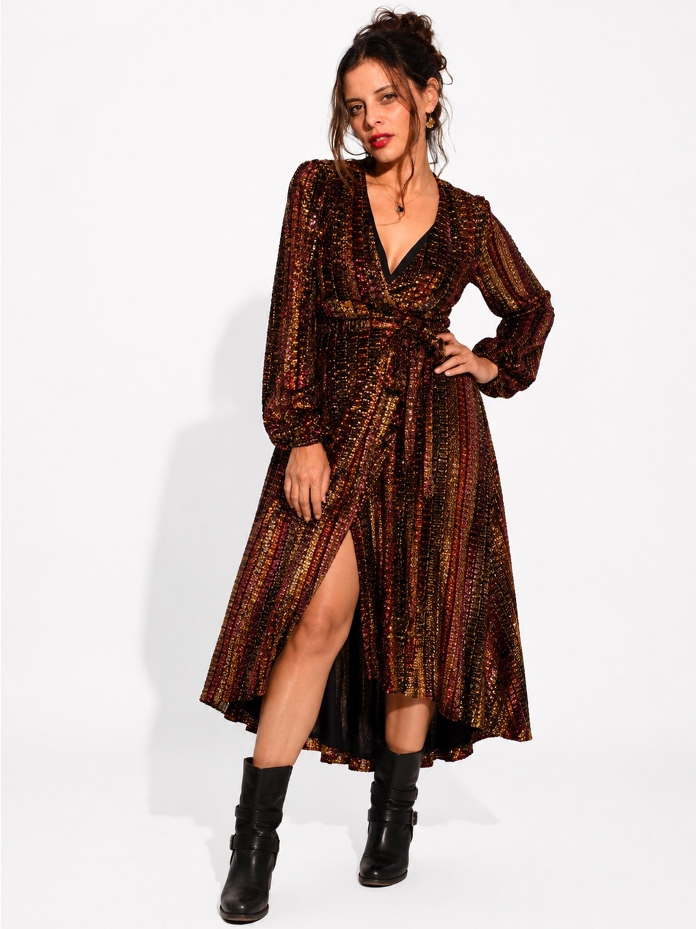 LPA Long Sleeve Dotty Velvet Gold Sparkling Multi Colored Wrap Dress 70 Sz XS
